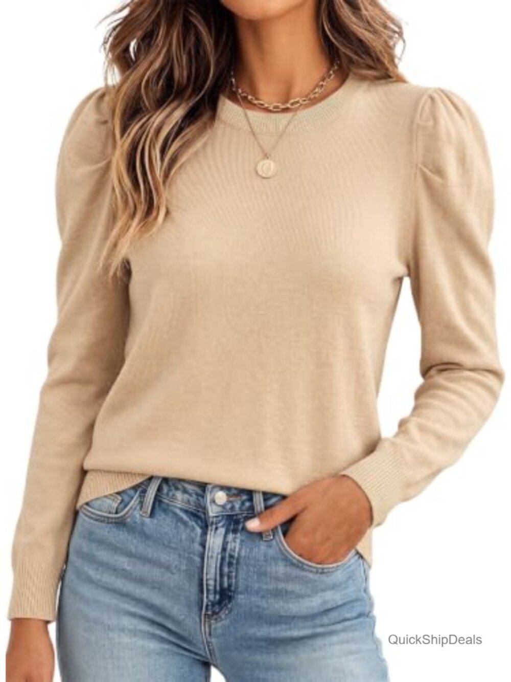 Wool Blend Puffy Sleeve Lightweight Crewneck Knit Pullover Sweater